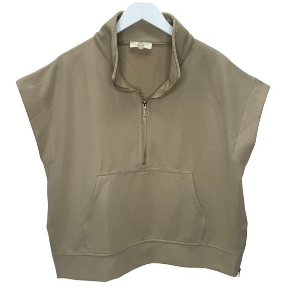 Entro Beige 1/2 Zip Ribbed Top Short Sleeve Size L Gold Zipper Kangaroo Pocket - Picture 1 of 6